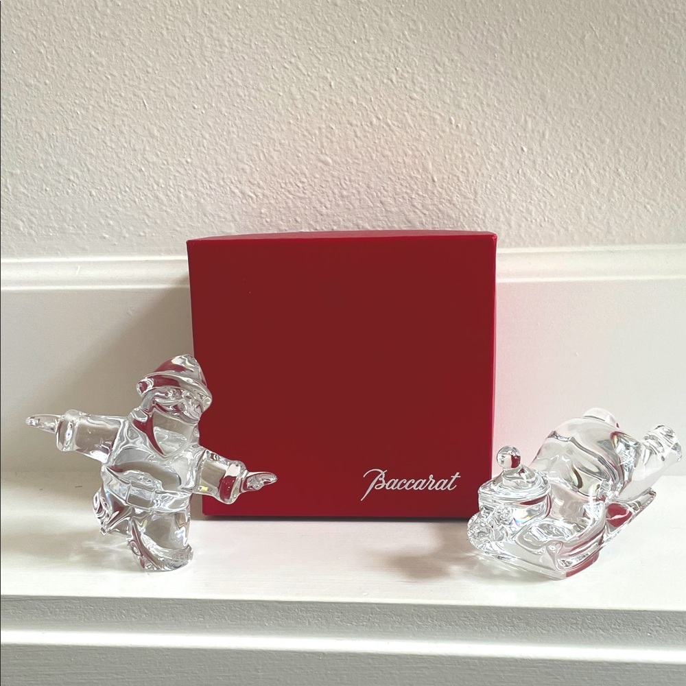 Baccarat Crystal Santa and Sleigh sled Bear set with Red Box